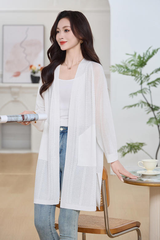 SC1E03_绀蝶色/凝脂色/漆黑色_针织衫_春季_无领镂空提花口袋中长款宽松长袖_高级女装_BERNIEELEN 伯妮斯茵 商品图4