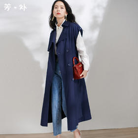 芳外春季新款时尚飒气无袖长款风衣女系带收腰街头风外套1466