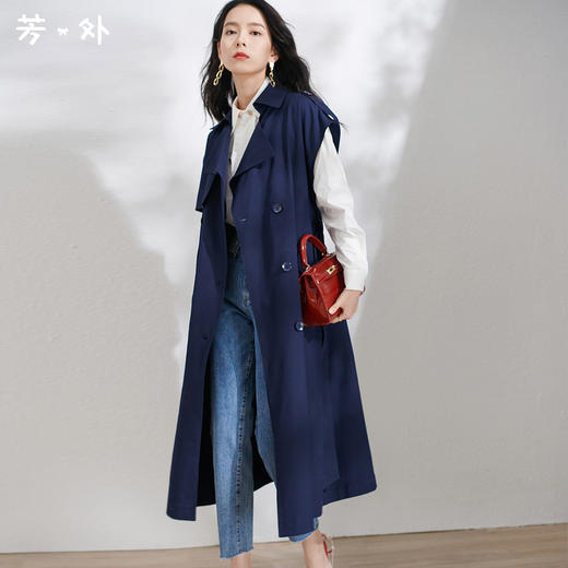 芳外春季新款时尚飒气无袖长款风衣女系带收腰街头风外套1466 商品图0
