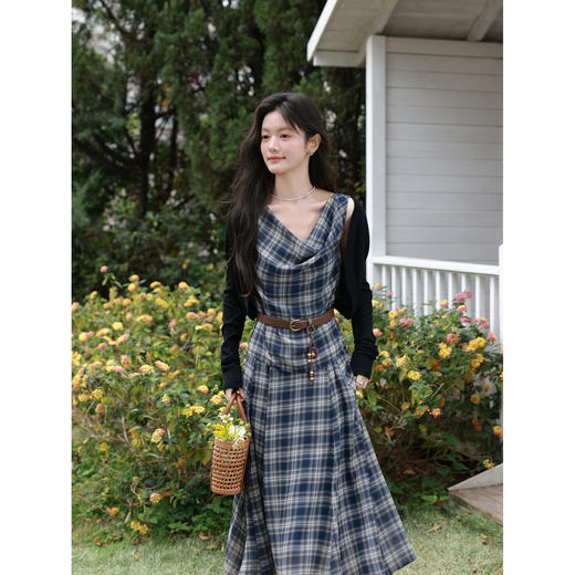鹿向南「格韵时光」法式复古蓝格连衣裙女夏新款气质荡领无袖裙子 商品图2