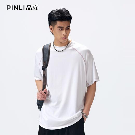 PINLI品立2026夏季新款男线条纯色打底上衣宽松圆领连肩袖短袖T恤GD262111027 商品图0