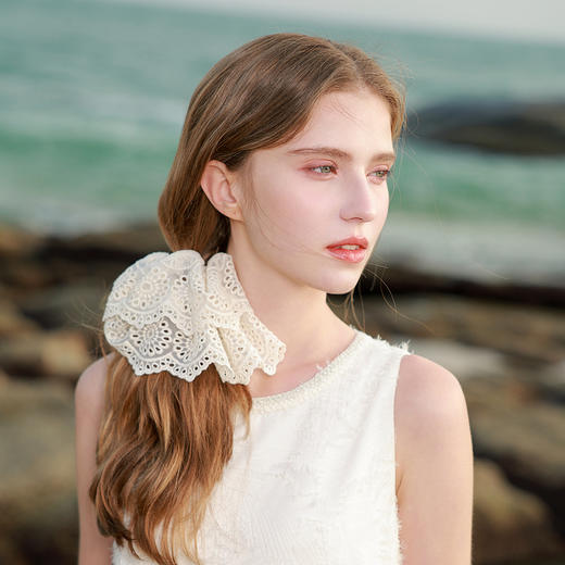 三彩2026新款法式浪漫发圈百搭盘发发饰马尾头绳大肠发绳白色蕾丝 商品图1