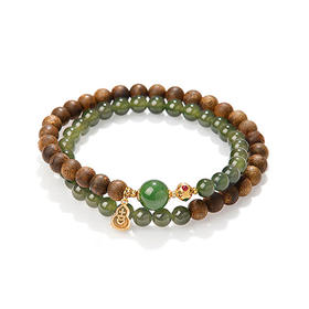 福禄凝玉天然棋楠沉香和田玉双圈手串