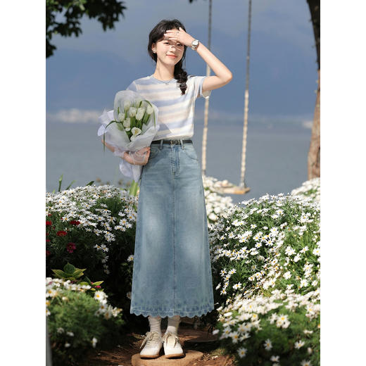 鹿向南「兰玲花语」复古牛仔蓝A字半身裙女夏宽松遮肉显瘦中长裙 商品图4