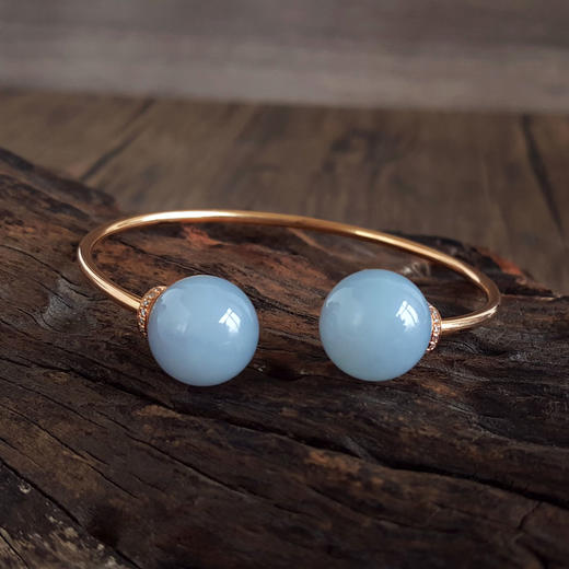 【天然正品】A货翡翠AU750黄金镶钻镶天然细腻糯种紫罗兰13.7MM双圆珠翡翠开口手镯59.5号（皆取最大值）280226HSD49 商品图2