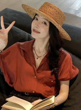 【爆单五天发货！显白又旺财的车厘子红】天丝亚麻翻边短袖衬衫