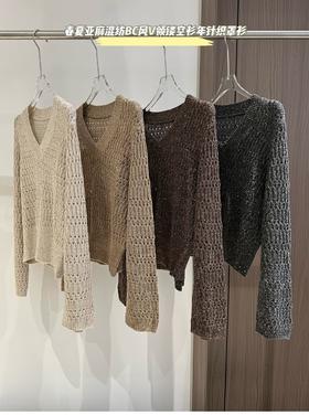 自留款。太好看了～轻奢华高质感穿❗️定制系列！春夏亚麻混纺BC风V领镂空衫年针织罩衫（售后时间：签收3天内，不合适及时申请）
