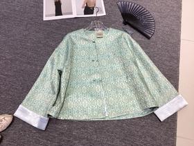 SC1A08_庭芜绿色_上衣外套_春季_圆领盘扣提花撞色袖口新中式短款_高级女装_BERNIEELEN 伯妮斯茵
