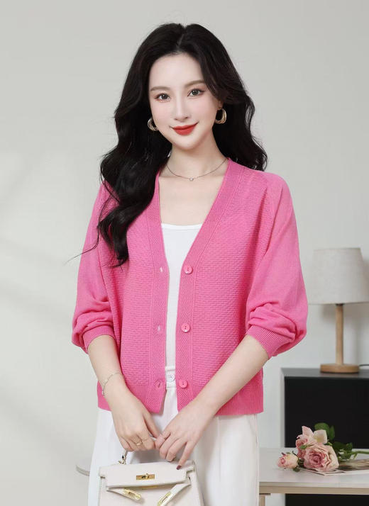 SC1E05_凝脂色/杨妃色/赤金色_针织衫_春夏_V领单排扣镂空肌理感七分袖_高级女装_BERNIEELEN 伯妮斯茵 商品图2