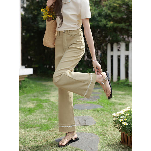 鹿向南「步履生花」高级感卡其色直筒牛仔裤女夏季显瘦小个子长裤 商品图1