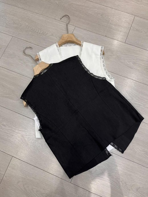 原单新款100%亚麻老钱风蕾丝捆边碰撞背心马甲外套 商品图6