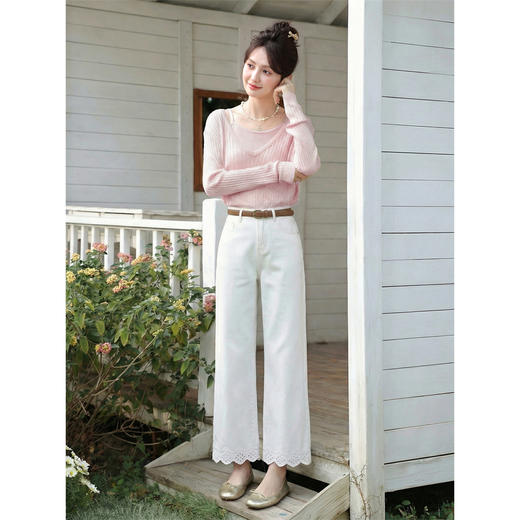 鹿向南「午后小调」简约设计感米白色直筒牛仔裤女春季长裤 商品图3