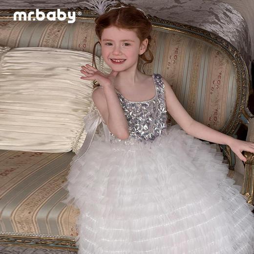 mr.baby女童亮片网纱公主裙白色蛋糕裙蓬蓬裙生日表演礼服连衣裙 商品图0