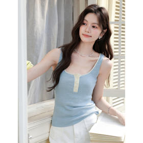 鹿向南「泡泡初恋」蓝色吊带背心女2026春夏撞色针织显瘦内搭上衣