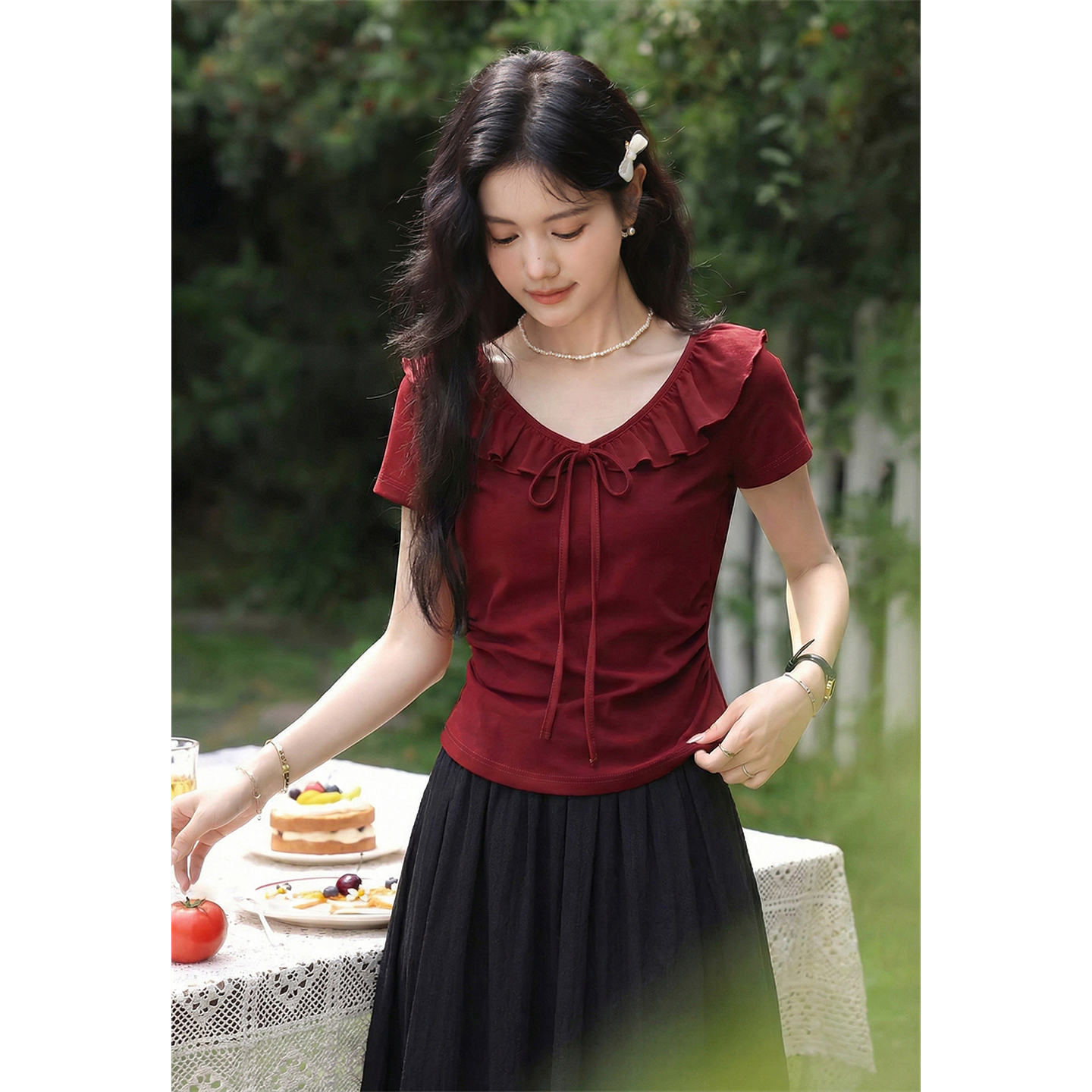 鹿向南「樱桃信笺」酒红色短袖T恤春季新款时尚设计感百搭上衣女