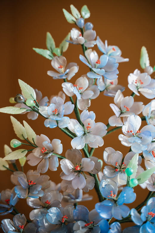 独角鹿西洋古董中国出品宝相花纹景泰蓝盆装饰「蓝韵碧桃」珍宝像生盆景 商品图3