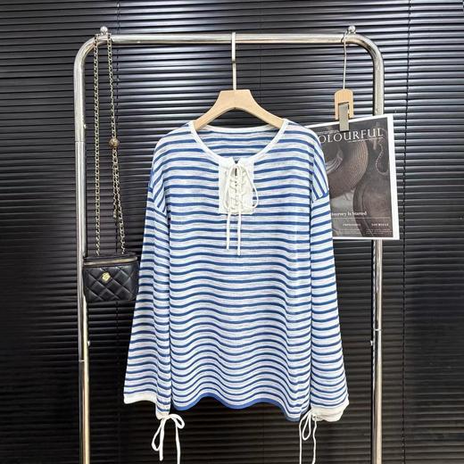 F031004清新蔚蓝色~2026早春度假条纹针织衫宽松透气防晒罩衫航海风长袖上衣 商品图10