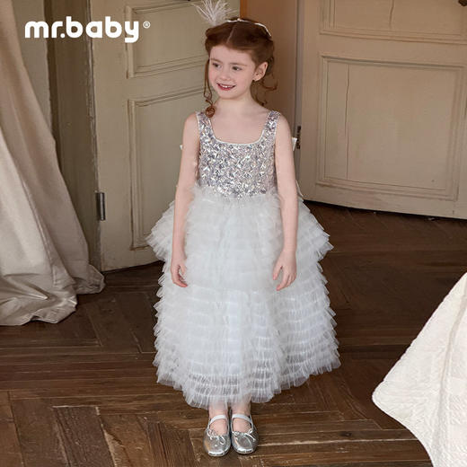 mr.baby女童亮片网纱公主裙白色蛋糕裙蓬蓬裙生日表演礼服连衣裙 商品图1