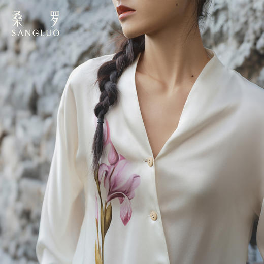 东方鸢尾』桑罗中式V领睡衣套装桑蚕丝女长袖家居服外穿 商品图5
