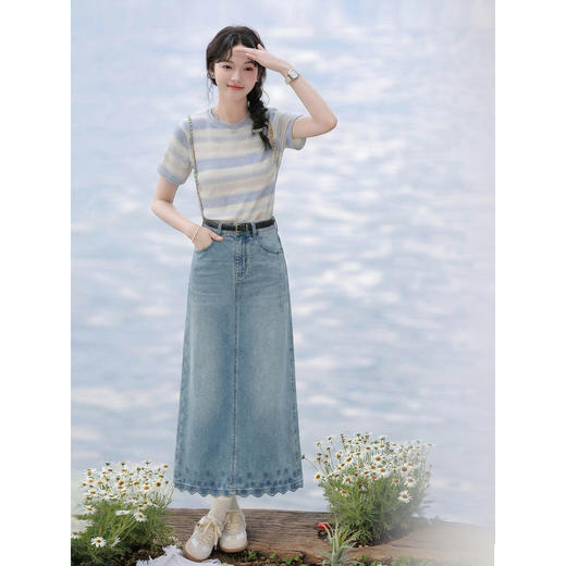鹿向南「兰玲花语」复古牛仔蓝A字半身裙女夏宽松遮肉显瘦中长裙 商品图2