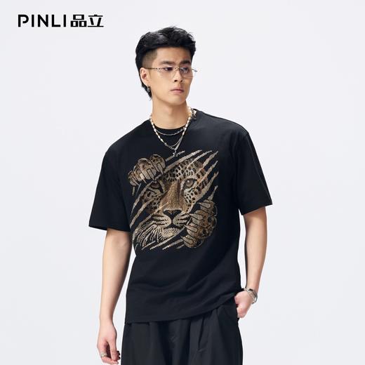 PINLI品立2026夏季新款男老虎烫钻圆领落肩袖短袖T恤上衣青年体恤BG262111024 商品图0