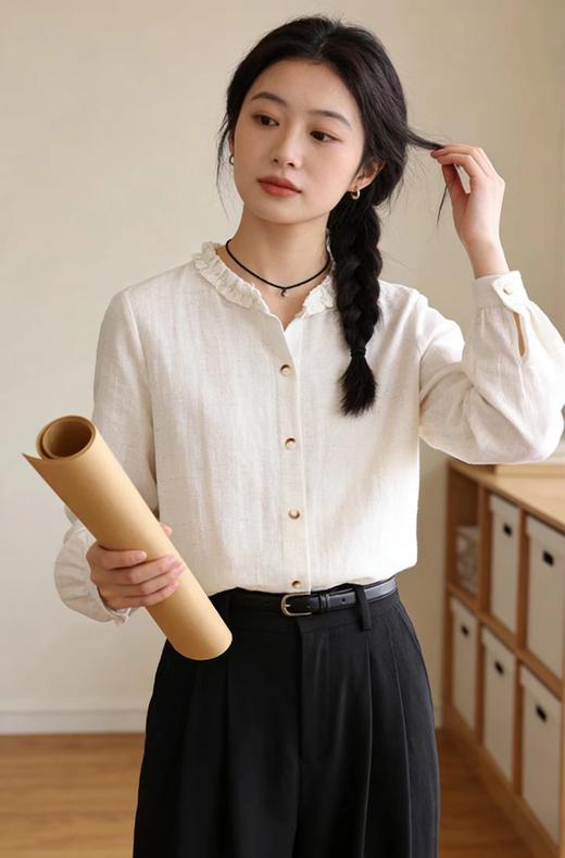 F031001早春新款法式气质百搭亚麻木耳边立领长袖衬衫 商品图4