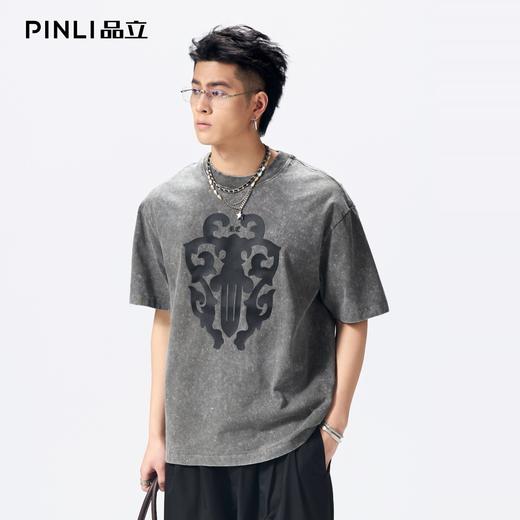 PINLI品立2026夏季新款男装重工水洗纯棉炒雪花圆领短袖T恤上衣潮BG262111017 商品图3
