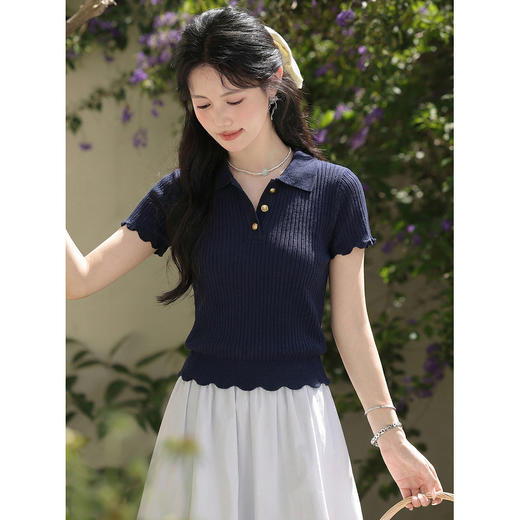 鹿向南「杜塞情书」藏蓝色polo领针织短袖t恤女夏季修身短款上衣 商品图0