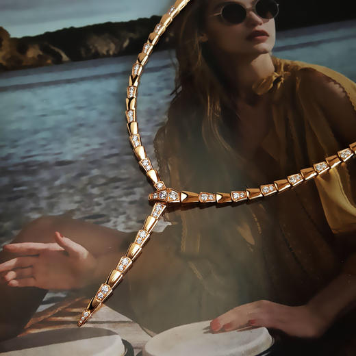 【95新】BVLGARI宝格丽Serpenti Viper系列353037玫瑰金半钻蛇骨项链链长约40cm女士040326NJS17 商品图3