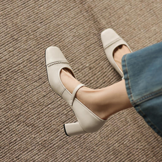 阿么手工女鞋真皮高跟一字带单鞋浅口女复古高级感玛丽珍鞋6.5CM 商品图1