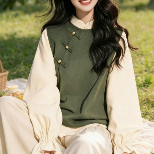 【春季新款新中式上衣】爆款时尚洋气 小个子韩系慵懒风 假两件绿色新中式卫衣 商品图1