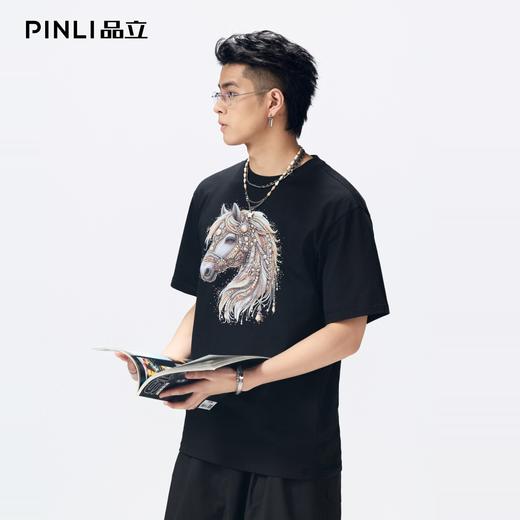 PINLI品立2026夏季新款男士马年烫画烫钻圆领落肩短袖T恤上衣潮牌BG262111016 商品图2