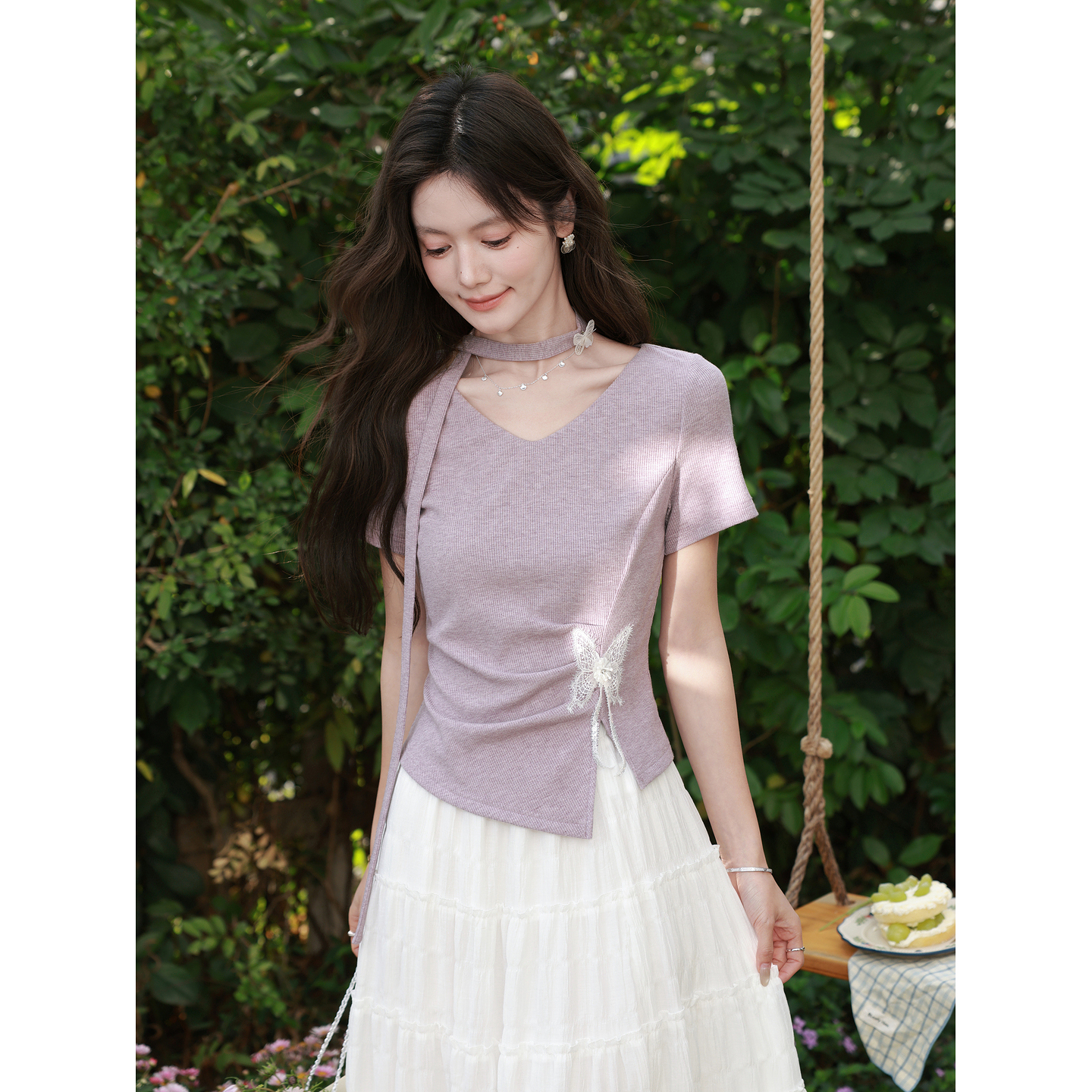 鹿向南「蝶影翩翩」紫色短袖T恤女夏2026法式设计感收腰显瘦上衣