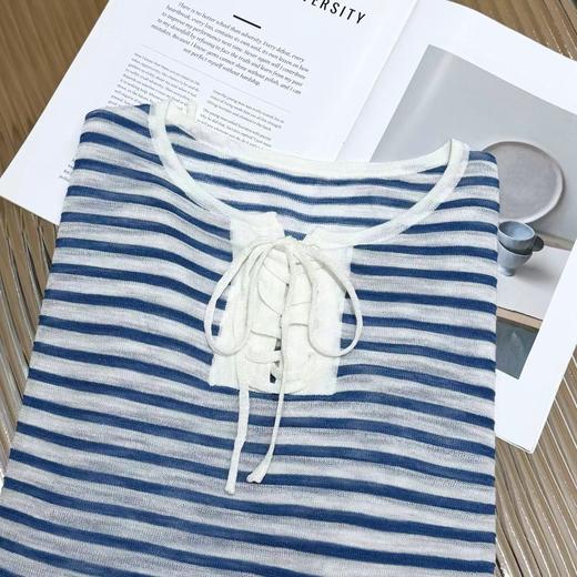 F031004清新蔚蓝色~2026早春度假条纹针织衫宽松透气防晒罩衫航海风长袖上衣 商品图11