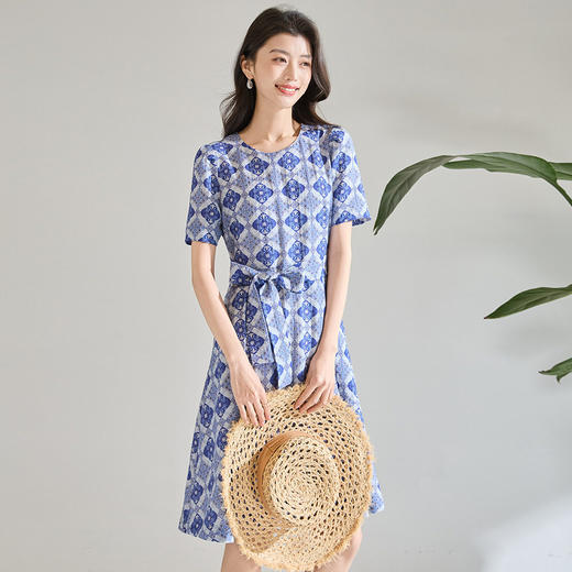 「高货sh」全新升级【铂金会员293/天猫389/差价96】(73949)洛诗琳气质收腰复古印花裙2026春夏设计感系带收腰连衣裙 商品图1