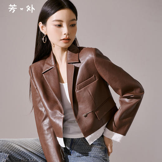 芳外新款复古气质小皮衣西装领长袖短外套女8I23CW1225 商品图0