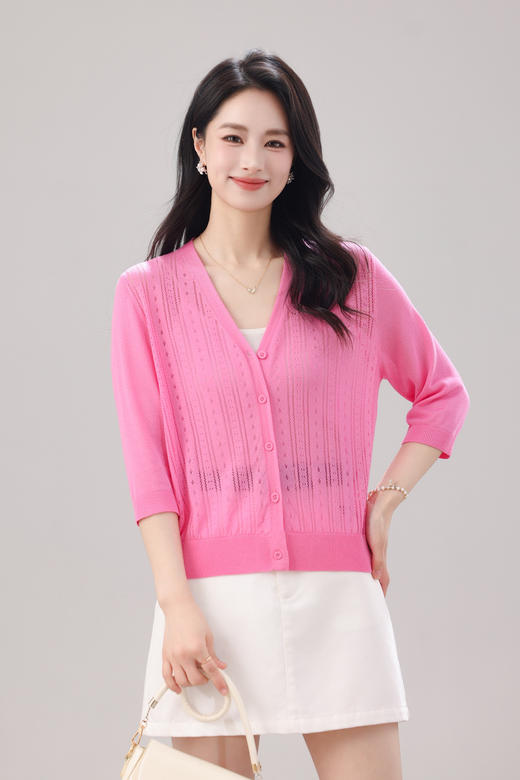 SC1E07_皓色/杨妃色/漆黑色_针织衫_春季_V领竖条镂空单排扣七分袖短款_高级女装_BERNIEELEN 伯妮斯茵 商品图2