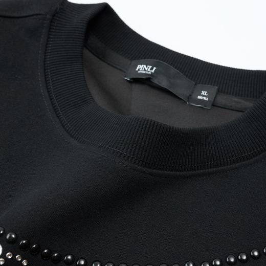 PINLI品立2026春季新款男士圆领宽松落肩袖烫钻套头休闲上衣上衣潮牌BG262109006 商品图5