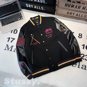 F031011黑8拼接皮袖薄款定织定染毛呢面料男女同款棒球服外套