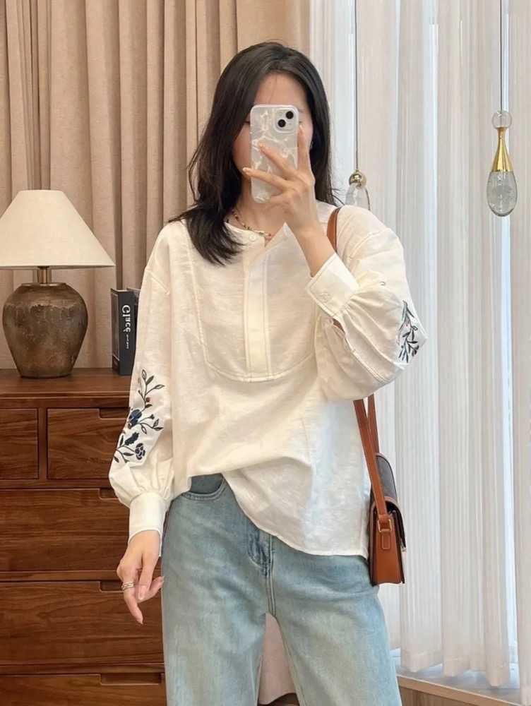 【风风同款 超多好评！好绝的版型 万针刺绣宽松复古苎麻衬衫】刺绣灯笼袖衬衫
