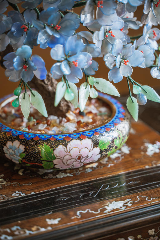 独角鹿西洋古董中国出品宝相花纹景泰蓝盆装饰「蓝韵碧桃」珍宝像生盆景 商品图8