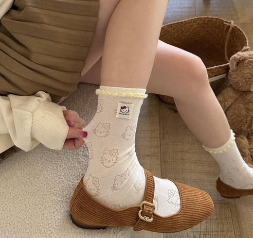 4双一组！春夏卡通kitty猫布标女袜棉袜 彩色泡泡口 轻薄镂空网眼 柔软透气 可爱满分 商品图6