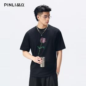 PIJNLI品立2026夏季新款青年植物烫钻圆领落肩短袖T恤上衣潮牌男BG262111014