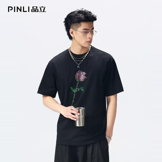 PIJNLI品立2026夏季新款青年植物烫钻圆领落肩短袖T恤上衣潮牌男BG262111014 商品图0