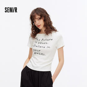 【99元任选2件】森马短袖T恤女夏季短款斜肩露肩字母修身褶皱显瘦个性小性感衣服