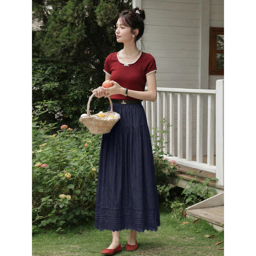 鹿向南「漾蓝胶片」复古气质牛仔蓝半身裙女夏季新款A字中长裙子 商品图1