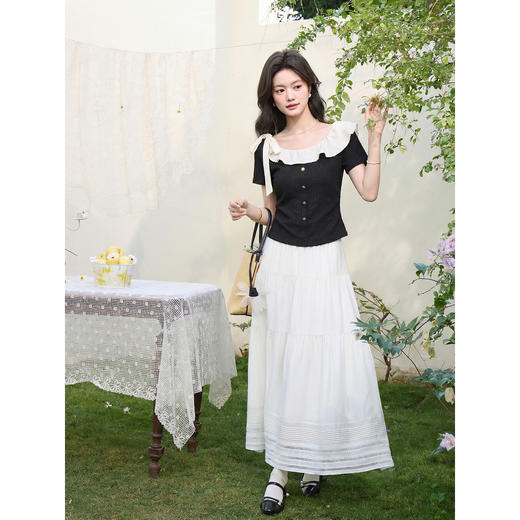 鹿向南「黑巧甜心」黑色短袖T恤女春新款时尚拼接设计感修身上衣 商品图4