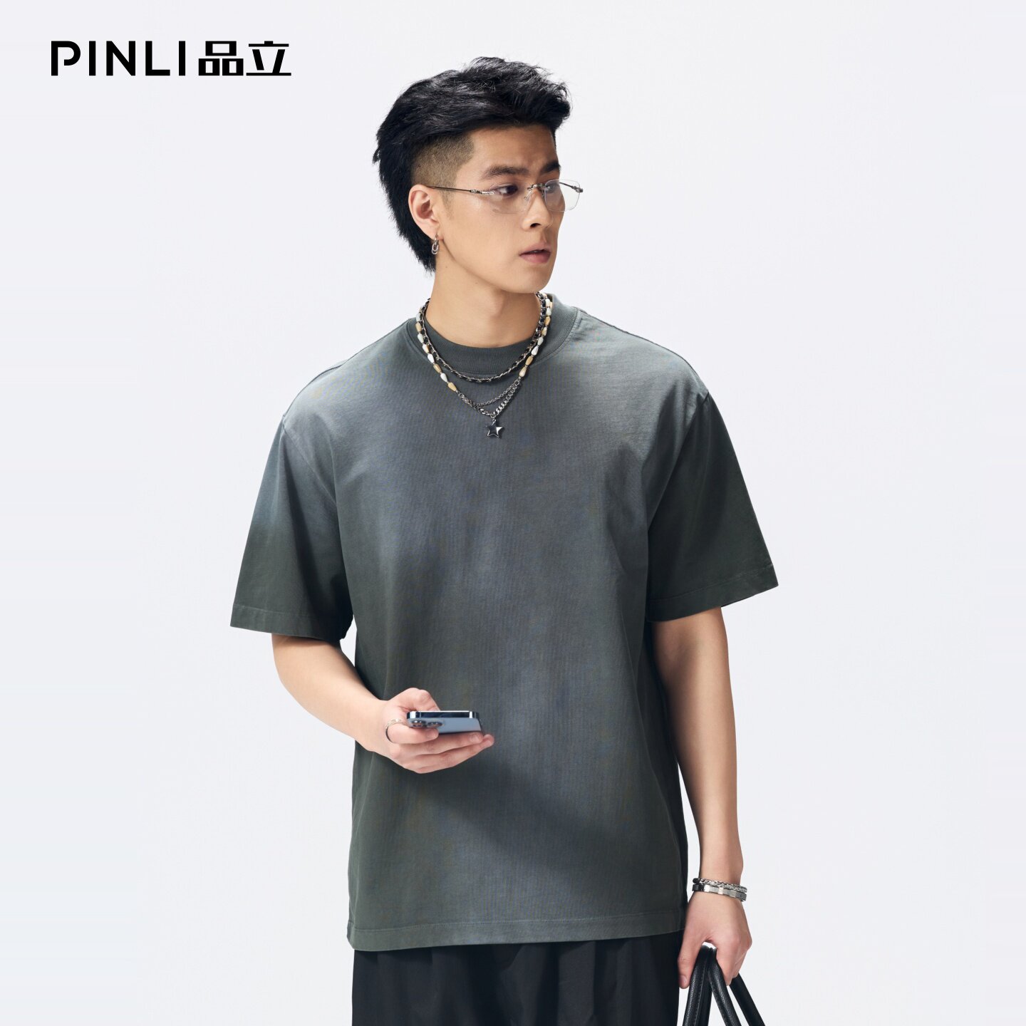 PINLI品立2026夏季男装宽松圆领落肩重磅纯棉水洗渐变短袖T恤潮牌GD262111024