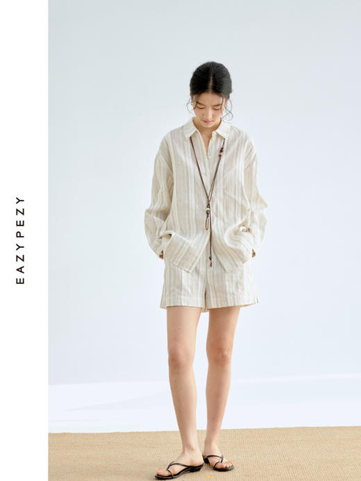 色织亚麻棉提花条纹衬衫套装 商品图3