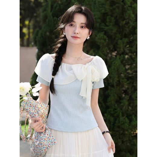 鹿向南「雾岛听风」法式设计感蓝色一字肩短袖T恤女夏季甜美上衣 商品图0